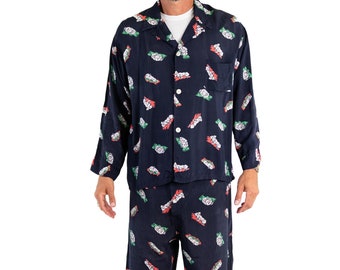 1940S Navy Cold Rayon Let Sleeping Dogs Lie Novelty Print Mens Pajamas