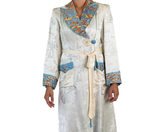 1930S Silver  Blue Silk Jacquard  Scenic Embroiderd Long Robe With Pockets