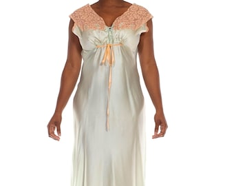 1940S Mint Rayon Satin  Lace Trim Bias Cut Slip Dress