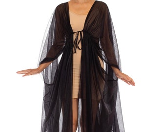 1970S Black Rayon Sheer Draped Robe