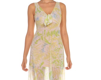 1970S Vera White  Green Polyestser Front Tie Butterfly Printed Slip Dress