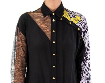 2000S Versace Black Silk Leopard Print Blouse With Lace Cutouts  Gold Medusa Buttons