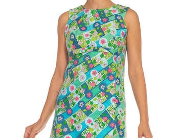 Jaren 1960 Lilly Pulitzer Blauw Roze Katoen Psychedelische Geometrische Bloemen Bedrukte Jurk