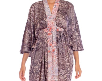 Morphew Collection Violet Floral Print Japanese Kimono Silk Pink Detail Kaftan Short