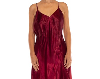 1930S Ruby Red Rayon Satin Bias Cut Slip Dress