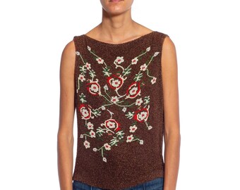 1990S Brown, Red & Green Floral Silk Beaded Top