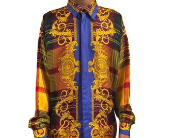 1990S Gianni Versace Multicolor Plaid Silk Shirt Medusa 1990S Gianni Versace Multicolor Plaid Silk Shirt Medusa