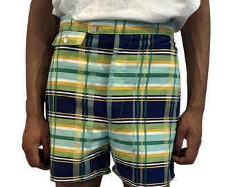 1970S Lime Green Navy Cotton Blend Plaid Shorts Built In Underwear