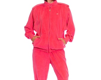 1980S Pierre Cardin Hot Pink Cotton Blend Velour Track Pant Suit