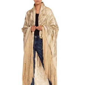 1920S Cream & Silver Silk Lamé Real Floral Piano Shawl