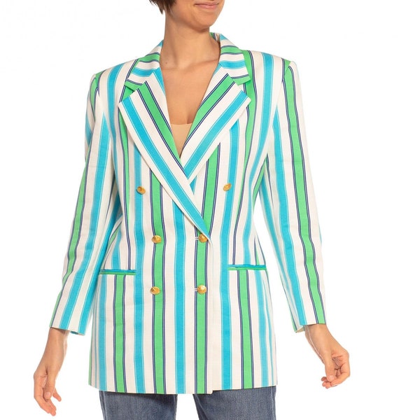 1990S Escada Blue  Green Striped Cotton Blazer With Gold Starfish Buttons