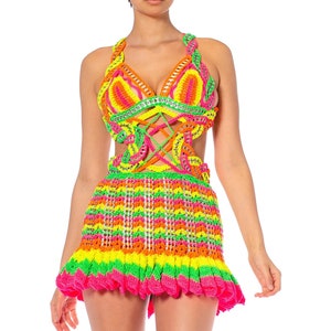 Morphew Collection Neon Multi Nylon Hand-Crochet  Upcycled Beer Tab Cocktail Dress