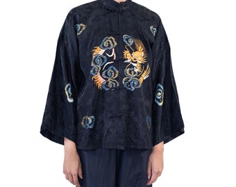 1920S Black Hand Embroidered Silk Chinese Lounge Pajamas