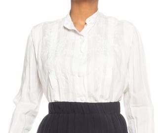 White Cotton Edwardian Blouse With Pintucks And Embroidery Size: 10