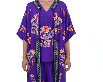 1920S Purple Hand Embroidered Silk 3-Piece Chinese Lounge Pajamas