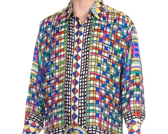 1990S GIANNI VERSACE Multicolor Geometric Silk Men's Shirt Sz 50