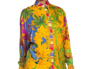 1990S ATELIER GIANNI VERSACE Printed Silk Baroque Leaves Shirt Sz 38