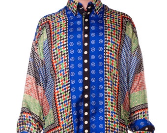 1990S GIANNI VERSACE Multicolor Geometric Silk Men's Shirt Sz 52