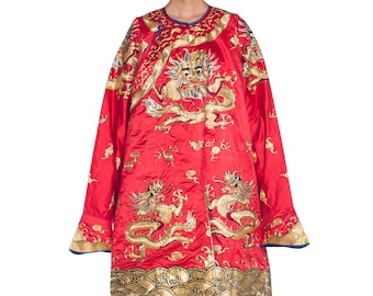 Metallic-golden Dragons Embroidered Red Chinese Opera Robe Size: M