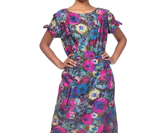 1950S  Pink & Blue Silk Larger Size Floral Cap Sleeve Dress