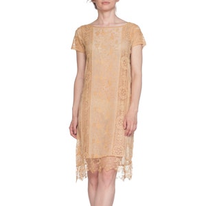 1920S Ecru Silk Chiffon & Handmade Lace Flapper Era Gatsby Tea Dress Embroided With Butterflies