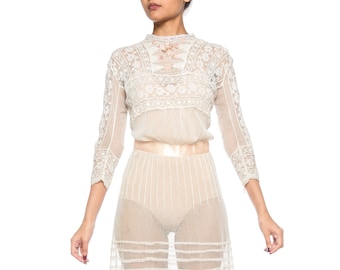 1900S Ivory Cotton Tulle & Lace Antique Tea Dress With Exceptional Detailing