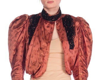 Victorian Brick Red Printed Silk & Cotton Satin 1890S Jacket With Gigot Mutton Sleeves Lined In Paper