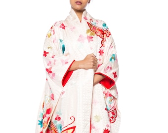 Vintage Kimono Embroidered With Butterflies And Flowers