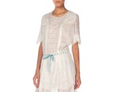 Edwardian White Hand Embroidered Organic Cotton Voile Young Girls Dress With Lace And Ribbon At Waist