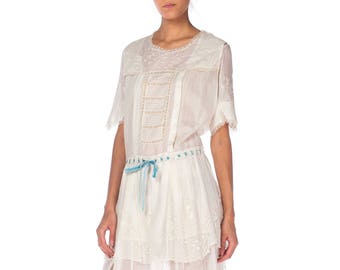 Edwardian White Hand Embroidered Organic Cotton Voile Young Girls Dress With Lace And Ribbon At Waist