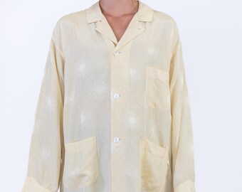 1940S Cream Silk Fireworks Jacquard Mens Pajama Top