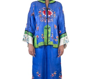 1920S Blue  Green Silk Hand Embroidered Chinese Lounge Pajamas