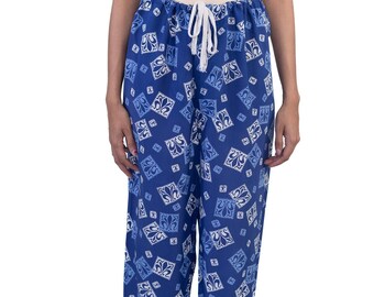 1940S Blue Cold Rayon Flur-De-Lis Novelty Print Pants