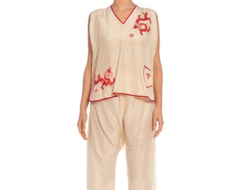 1920S Cream  Red Hand Embroidered Silk Chinese Five-Clawed Dragon And Flaming Pearl Pajamas