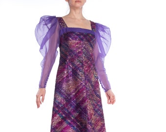 1970S  Pink & Purple Silk Poof Sleeve Organza Metallic Foil Embroidered Gown From Milan