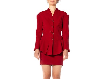 1990S THIERRY MUGLER Red Wool Skirt Suit With Peplum