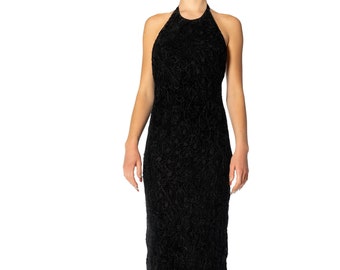1990S Black Bias Cut Rayon & Silk Burnout Velvet Halter Neck Beaded Gown