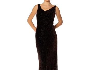 1990S Black & Rust Bias Cut Rayon Silk Burnout Velvet Fully Beaded Cowl Back Gown