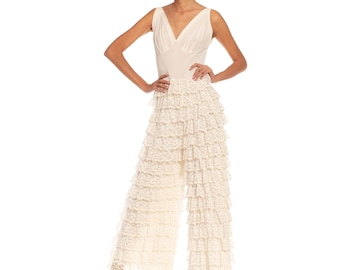 1960S White Nylon Lace Tiered Jumpsuit