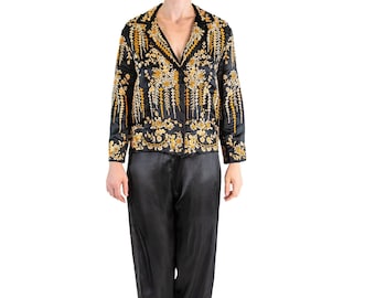 Black & Orange Silk Satin Hand Embroidered Lounge Pajamas