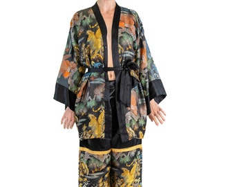 1940S Black Silk Jacquard Mens Asian Lounge Pajamas