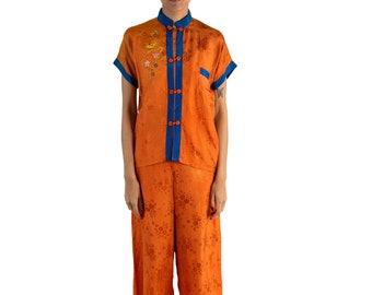 1940S Orange & Blue Silk Jacquard Pajamas With Dragon  Embroidery