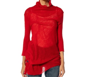 1990S Y’S Yohji Yamamoto Red Wool Turtleneck Top With Drawstring Hip
