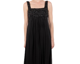 1990S Black Beaded Silk Chiffon Empire Waist  Gown