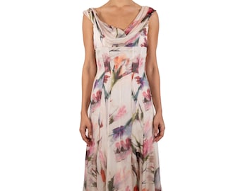 1990S Pink  White Floral Silk Chiffon Gown