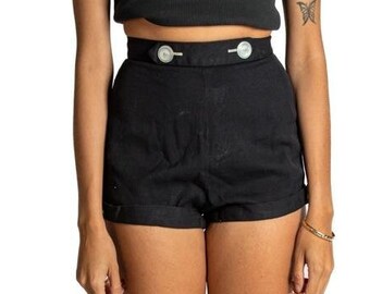 1950S Black Cotton Twill Catalina Of California High Wasted Shorts With Large White Buttons