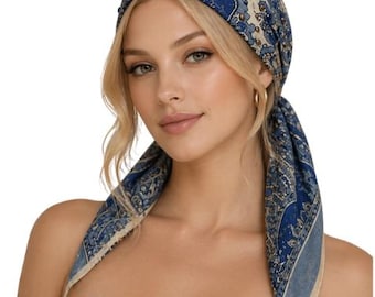 MORPHEW COLLECTION Blue Multi  Cotton Voile with Woven Lurex Elastic Head Scarf With Multi Colored Glass Gems
