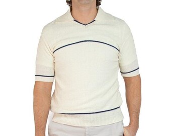 1970S Hartog Cream Cotton  Acrylic Knit Men's Shirt With Navy Blue Stripes