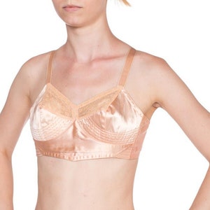 1940'S Nude Peach Cotton & Rayon Satin Bra From Paris With Mother-Of-Pearl Buttons image 1