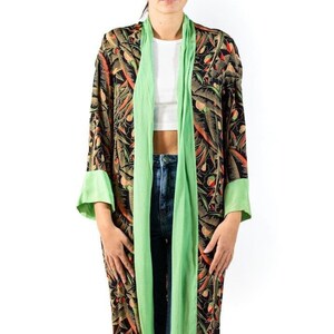 1920er Jahre Grün Schwarzer Rayon Seltener Art Deco Tropical Print Kimono